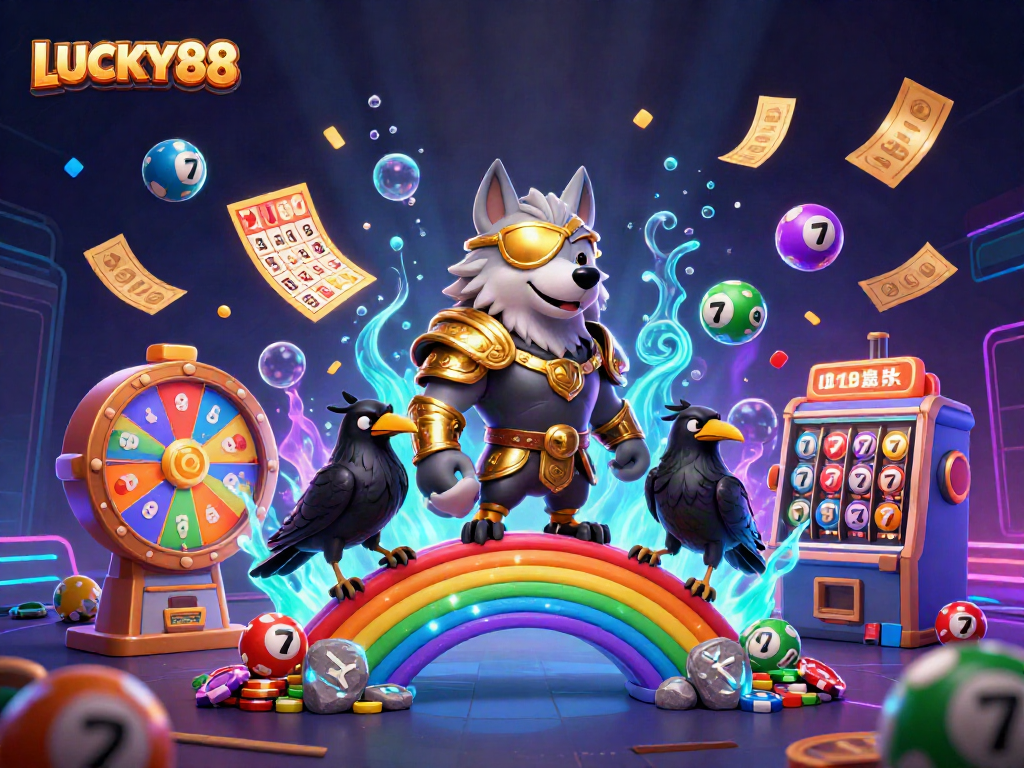 Experience the fun of LUCKY88 in this vibrant illustration with dynamic casino elements.