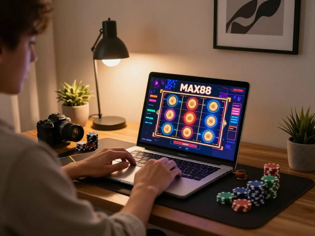 Engaging gameplay on MAX88 online casino with vibrant graphics and cozy home setup