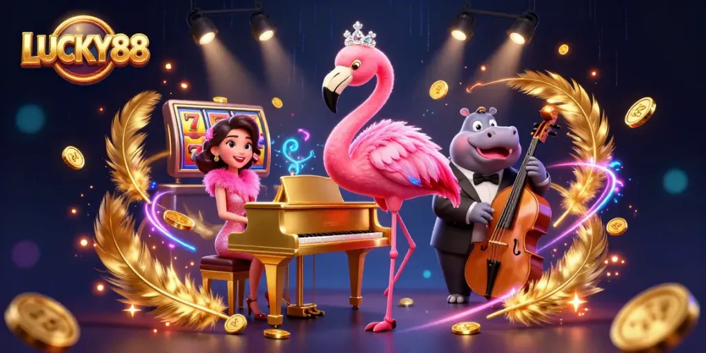 Join the fun at LUCKY88 with a vibrant casino scene featuring slot machines and lively characters.