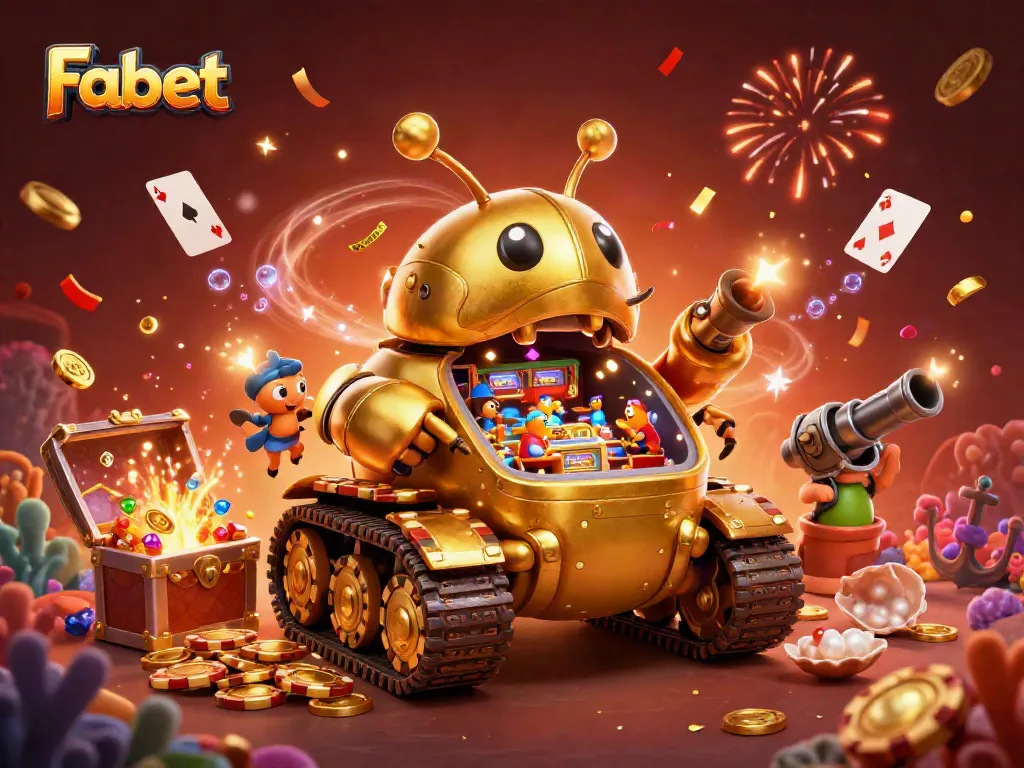 Experience the excitement at Fabet with a vibrant casino illustration showcasing a golden tank bursting with rewards.