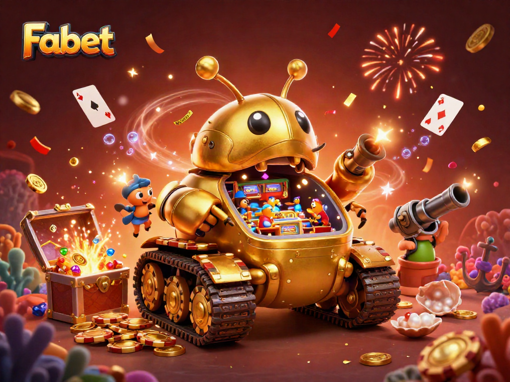 Experience the excitement at Fabet with a vibrant casino illustration showcasing a golden tank bursting with rewards.