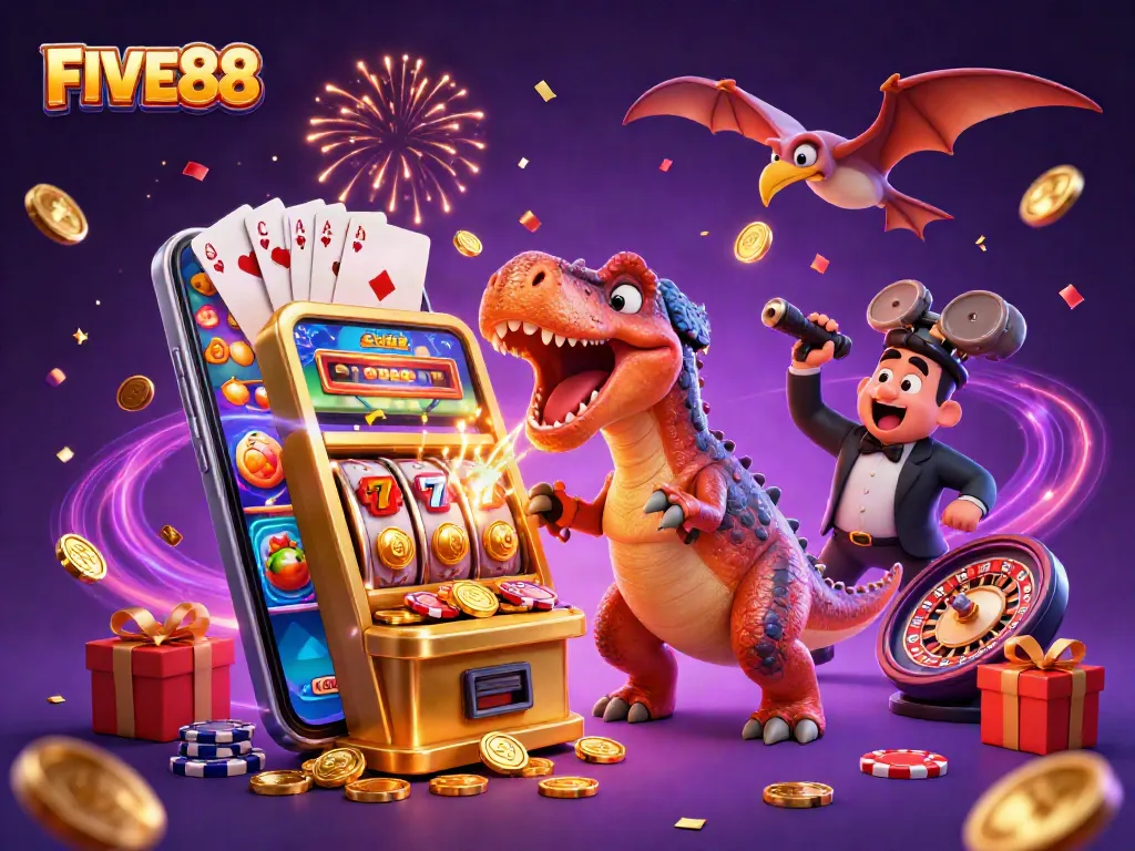 FIVE88 wins big showcasing a pachycephalosaurus hitting a jackpot at a golden slot machine