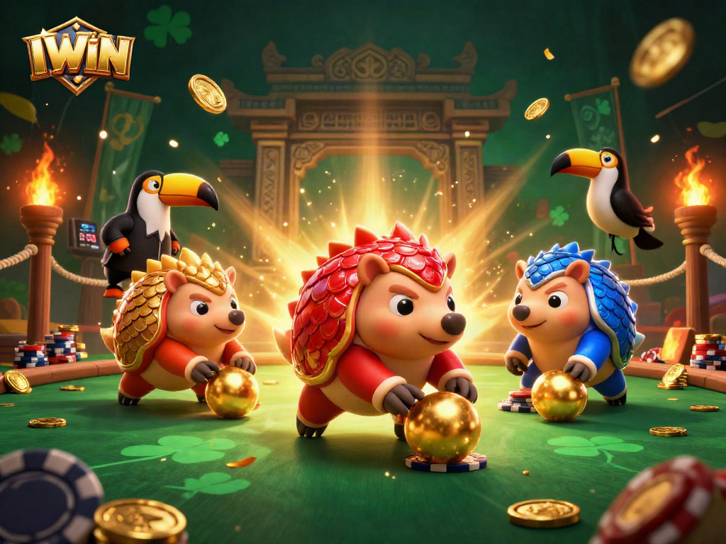 IWIN pangolins compete in a vibrant casino scene, rolling poker chips amid dynamic gaming elements.