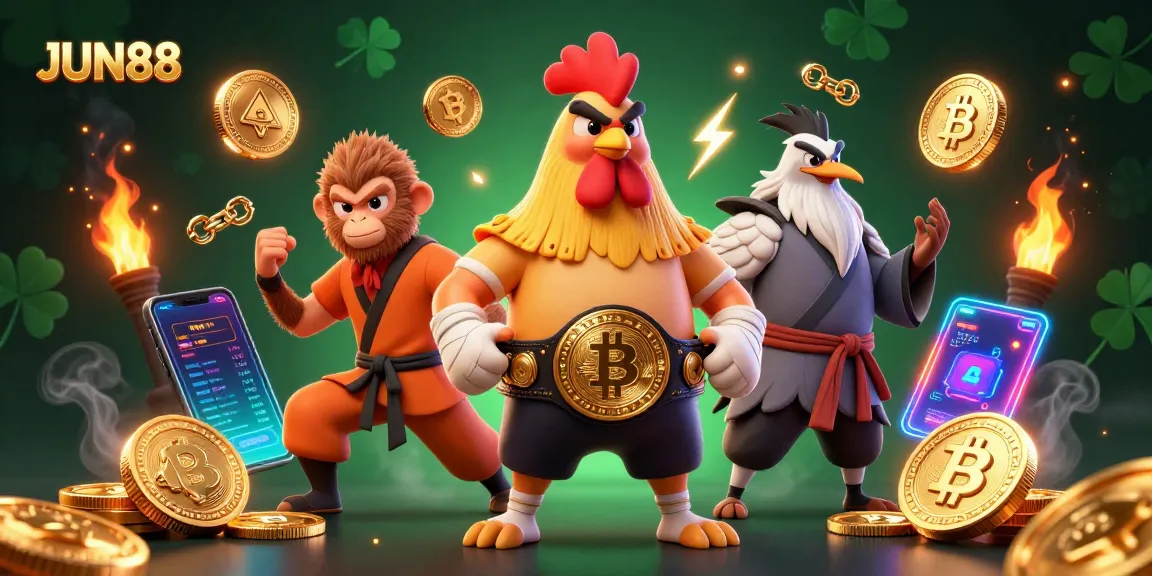 Experience thrilling gaming action with JUN88’s unique casino characters and vibrant crypto elements.