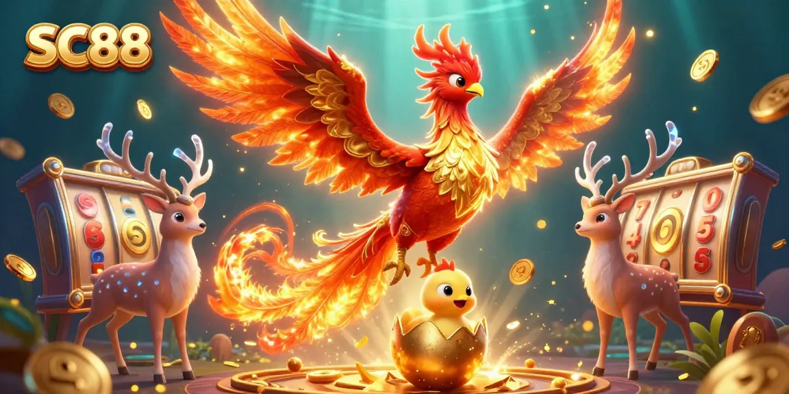 Engaging scene with SC88 showcasing a magical phoenix, gold coins, and slot machines for thrilling gaming.