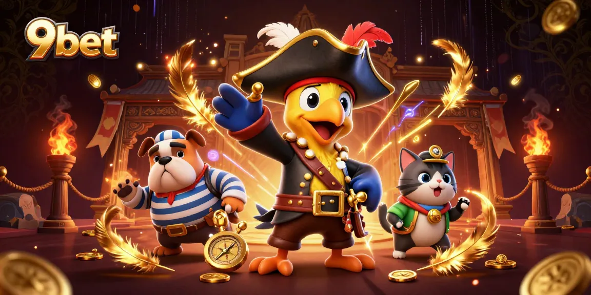 Join the exciting action at 9bet with an adventurous pirate-themed casino illustration.