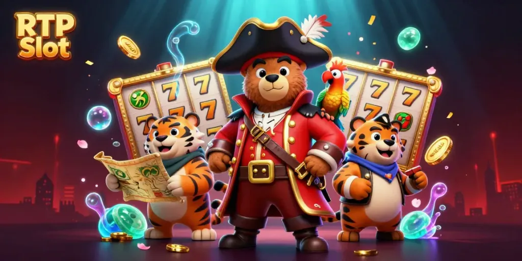 Engage with RTP Slot featuring animated characters amidst vibrant slot game visuals.