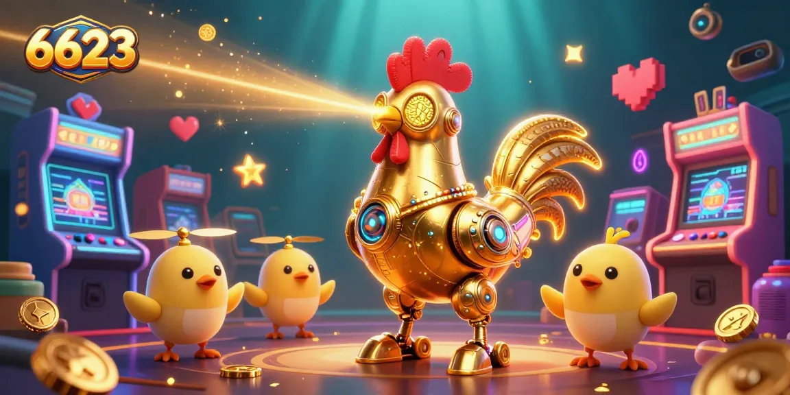 Engage with 6623's online casino world featuring a golden rooster robot, arcade games, and vibrant elements.