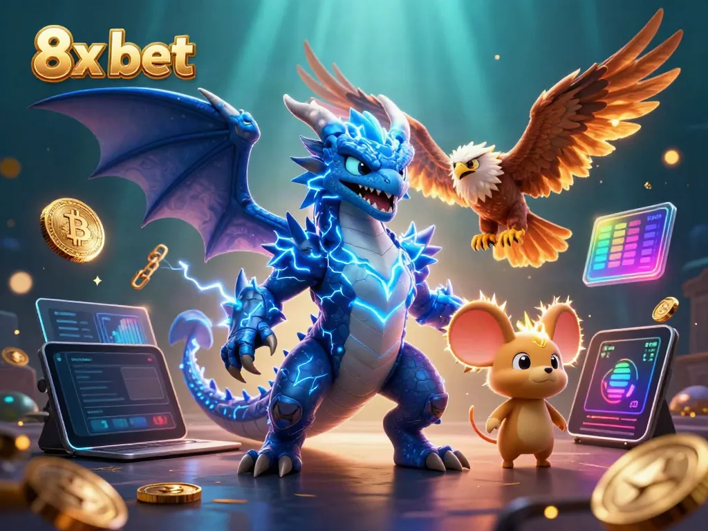 Experience thrilling action at 8x bet with a dynamic scene featuring a lightning dragon and crypto coins.