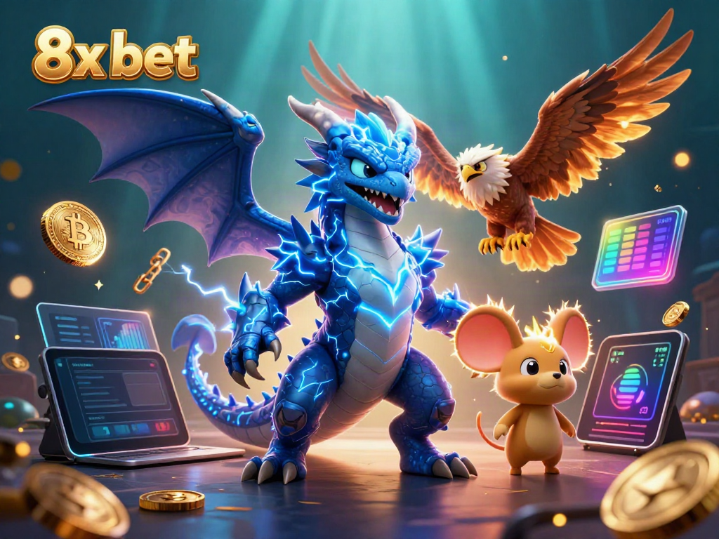 Experience thrilling action at 8x bet with a dynamic scene featuring a lightning dragon and crypto coins.