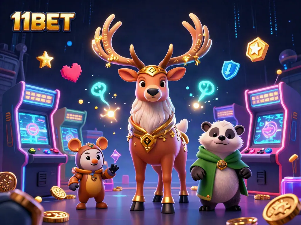 Engage in thrilling gameplay with 11BET, featuring a mystical stag, a wise badger, and vibrant casino elements.