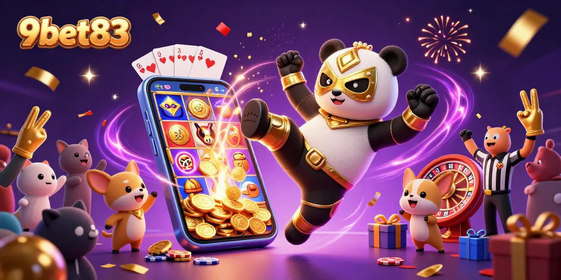 Engaging scene of 9bet83's cartoon characters celebrating online gambling action with slot games and festive atmosphere