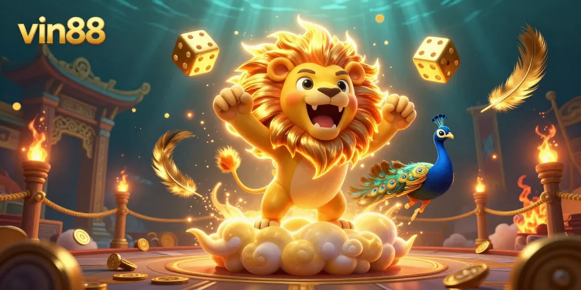 Bet on vin88 with a roaring sun lion and dynamic casino elements in a vibrant scene.