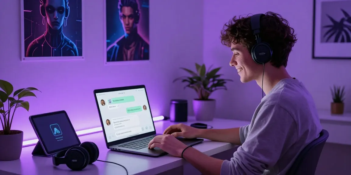 Engaging user in nsfw ai chat on laptop in modern room.