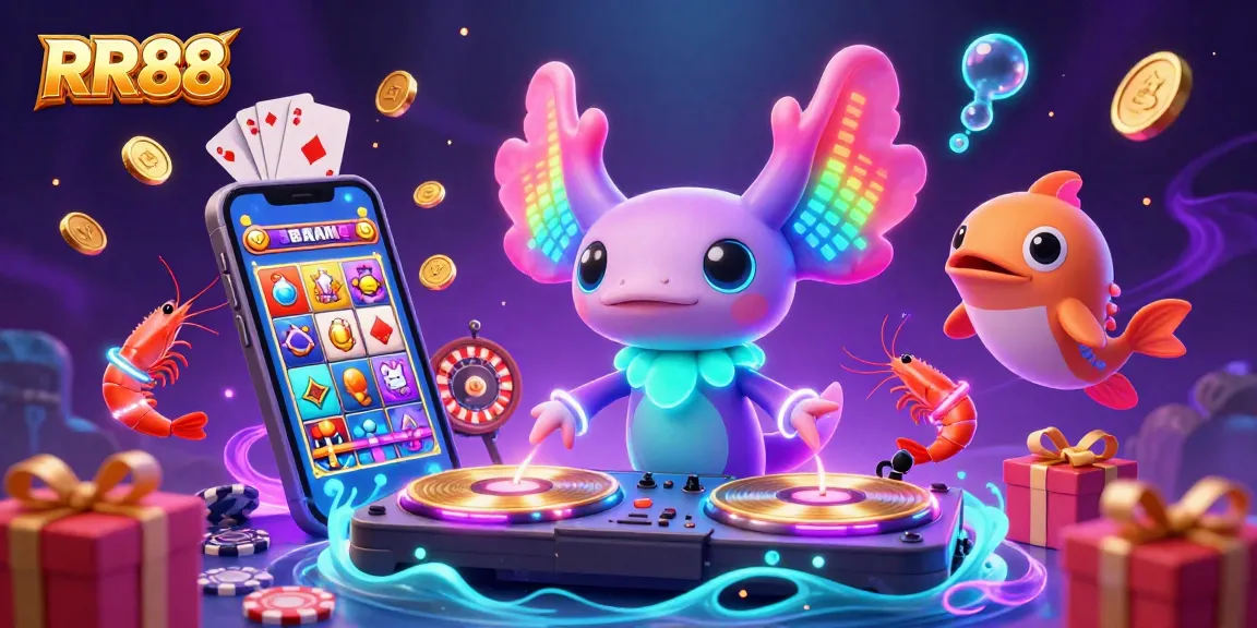 Experience thrilling gameplay with RR88's vibrant 3D illustration featuring a neon axolotl DJ and exhilarating casino elements.