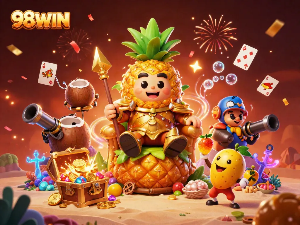 Experience the excitement of 98WIN at a vibrant casino scene featuring a royal tropical theme.