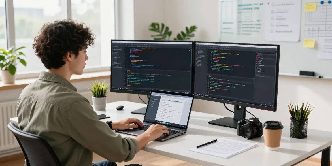 快连 technology workspace with developer coding on dual monitors and application design in a bright office