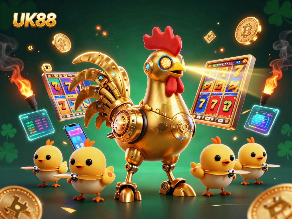 Engage with UK88's vibrant slot games featuring a golden rooster robot and baby chick drones.