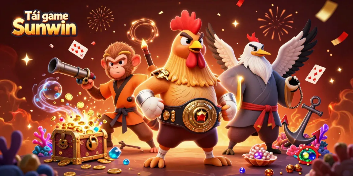 Tải game Sunwin features a dynamic scene with colorful gambling elements and martial arts characters.