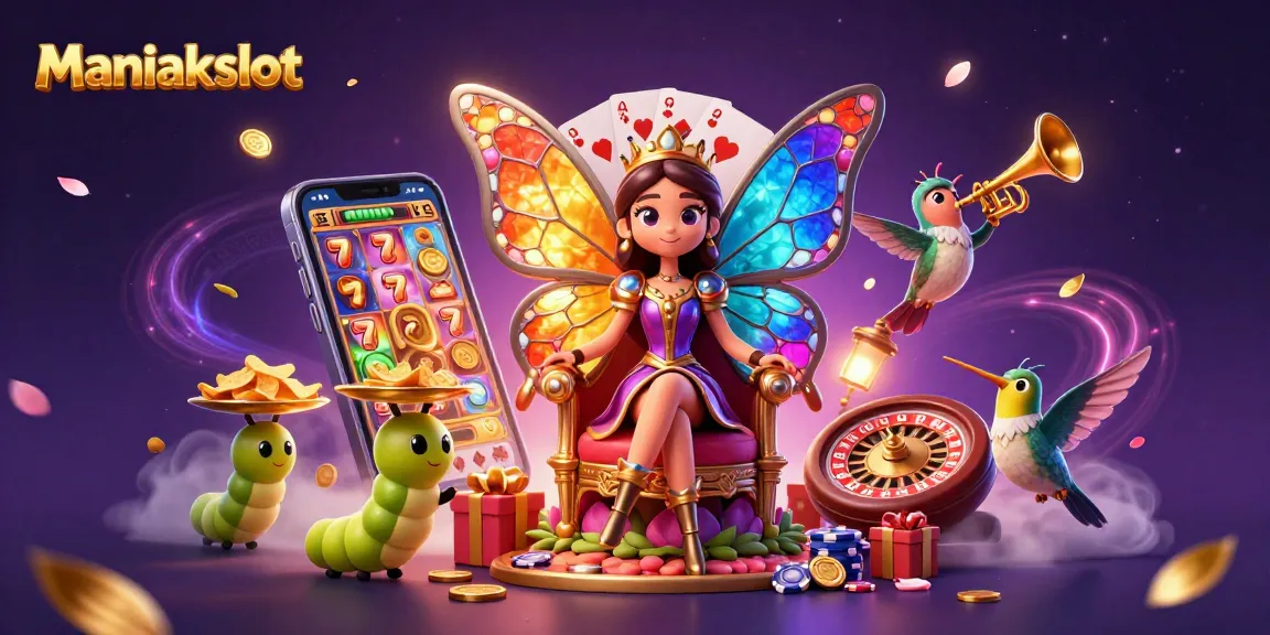 Experience the thrill of Maniakslot with a vibrant scene featuring a butterfly queen surrounded by exciting gaming elements.