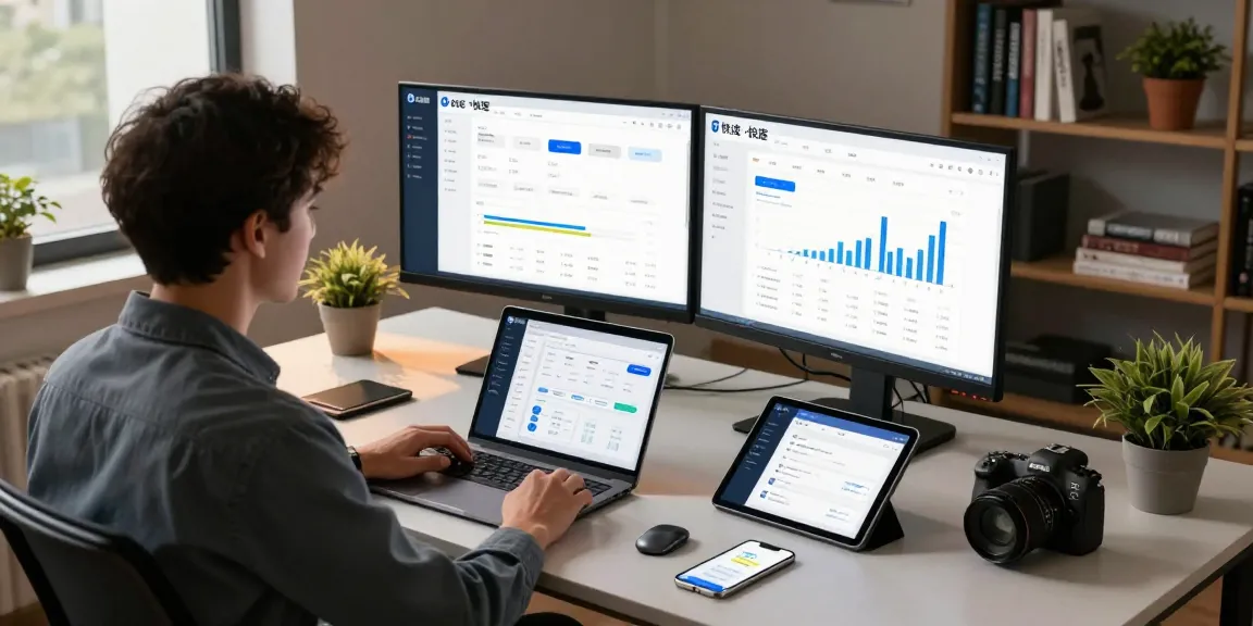 Professional workspace showcasing 快连 application on dual monitors, enhancing productivity and connectivity.