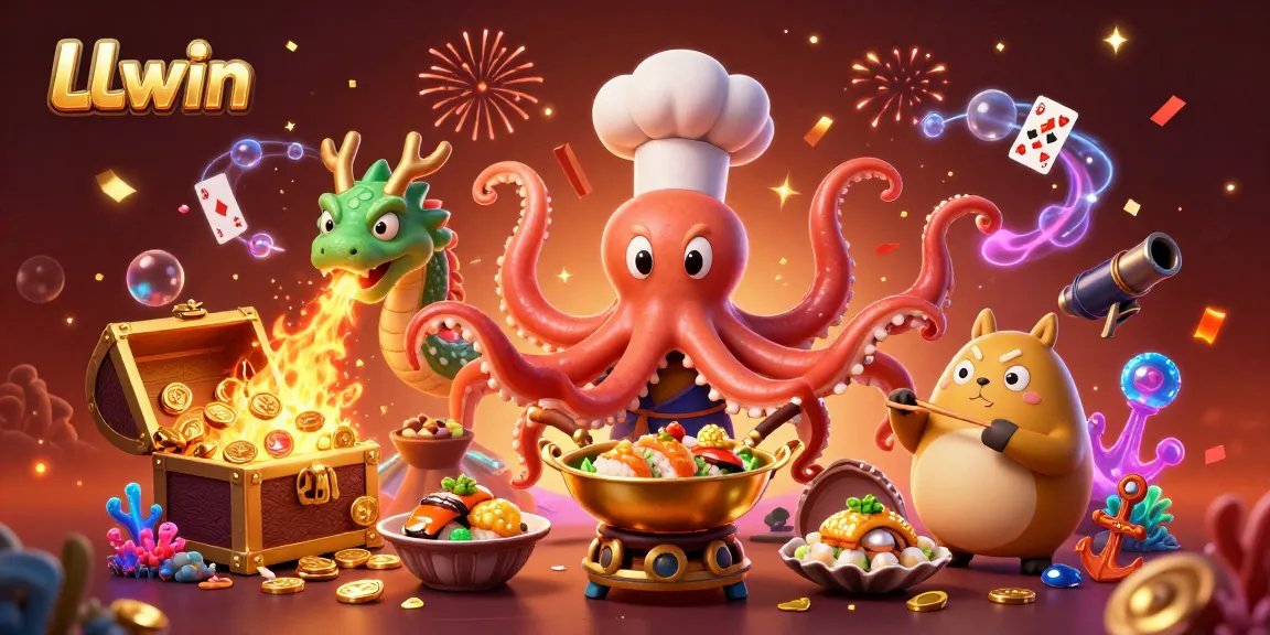 LLwin showcases a lively cartoon scene with an octopus chef, dragon companion, and tanuki at a dynamic casino