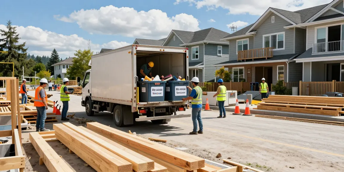 Workers unloading bin rentals Vancouver at a busy construction site, showcasing efficient waste management solutions.