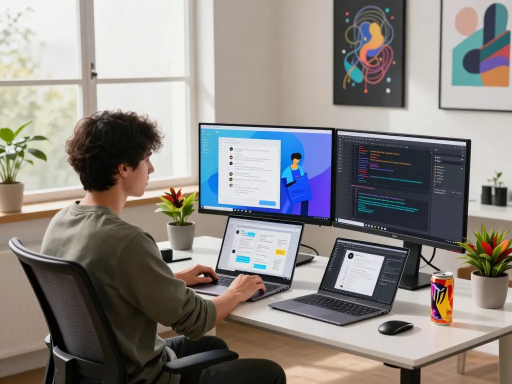 Active developer working on CrushonAI character interactions in a vibrant tech workspace.