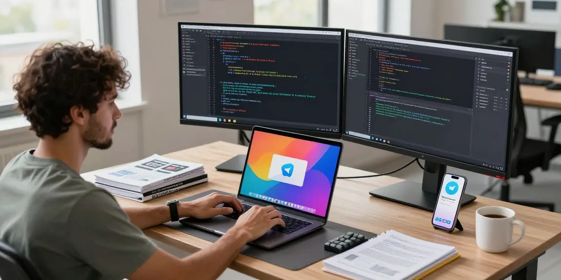 Developer using Telegram下载 on laptop in a modern office setting
