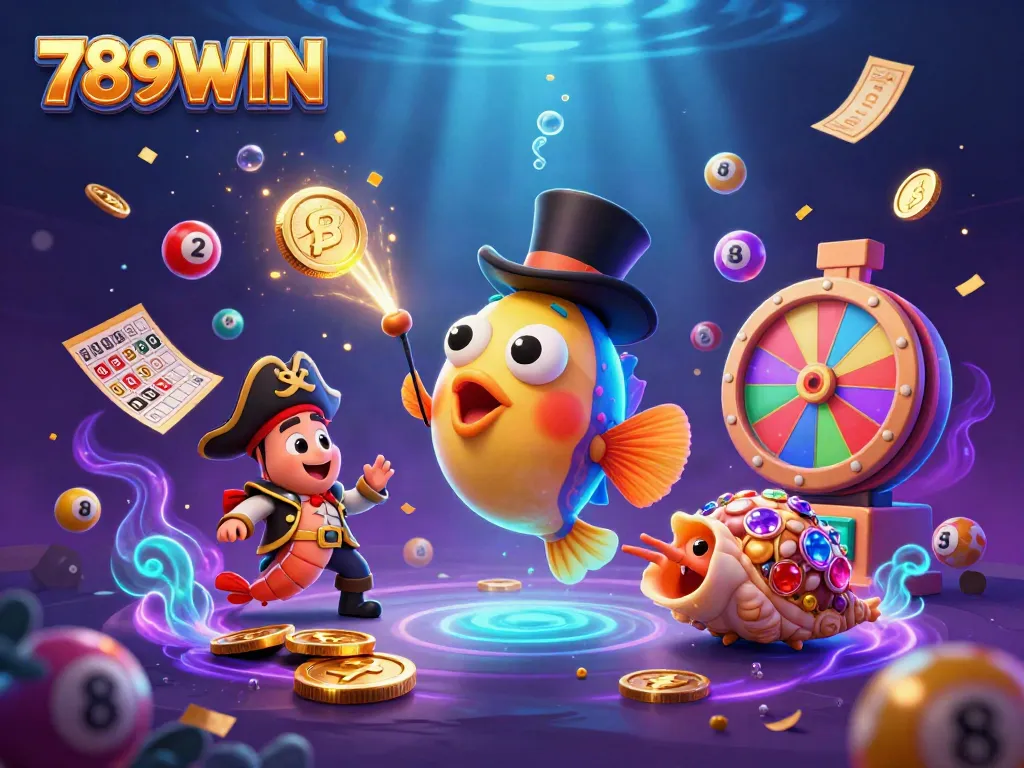 Engage with 789WIN's animated casino experience, featuring a deep-sea anglerfish, shrimp, and gem snail amidst vibrant lottery action.