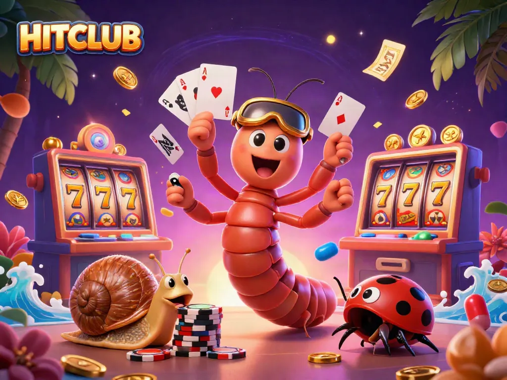 Experience HITCLUB excitement with a vibrant casino scene featuring a charming millipede dealer and slot elements.