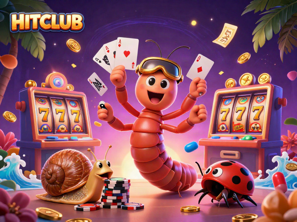 Experience HITCLUB excitement with a vibrant casino scene featuring a charming millipede dealer and slot elements.