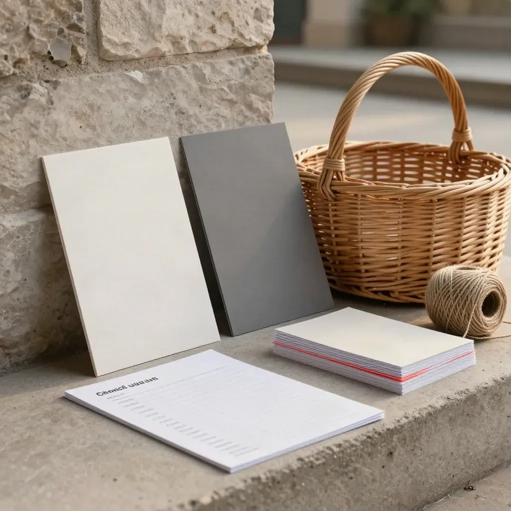 Spring drive bundle of cards, tent signs, checklists and handouts on a concrete step beside a wicker basket.