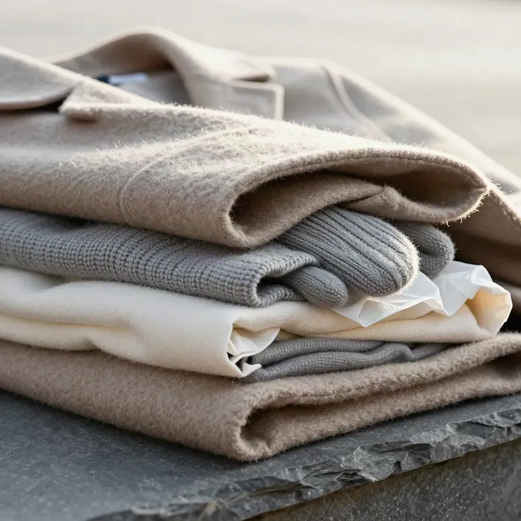 Winter coat bundle with wool coats, knit mitts and hats on a slate step