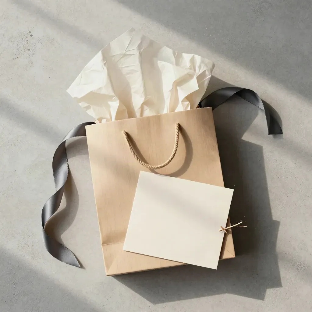 Overhead holiday gift bag with tissue, ribbon, and face-down card on pale stone.