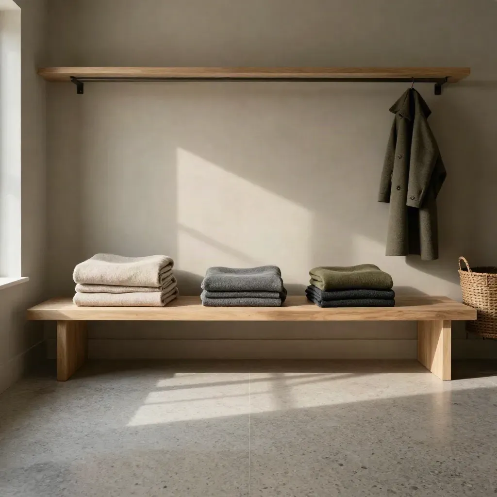 Sunlit mudroom bench with folded wool blankets, woven basket, and blurred coat rail