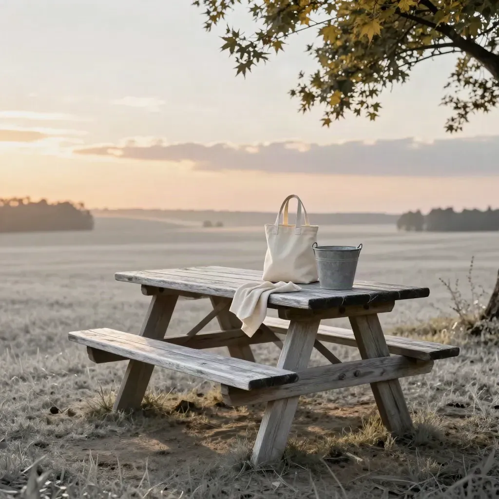 Weathered picnic table by a maple grove at sunset, with a hazy field and open sky beyond.