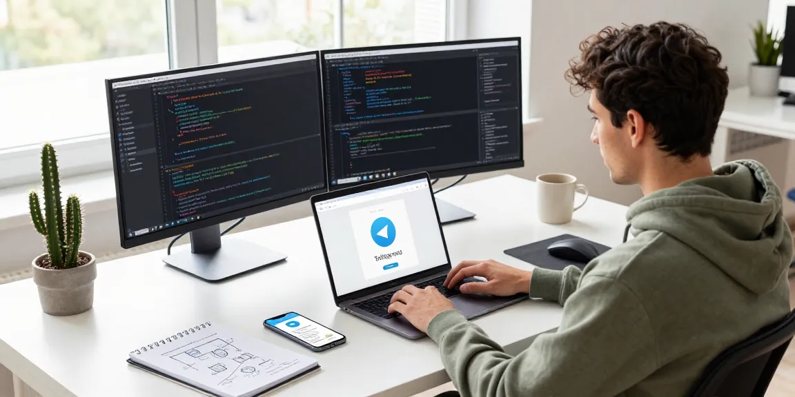 Efficient workspace with a developer using Telegram download on multiple devices in a modern office setting.