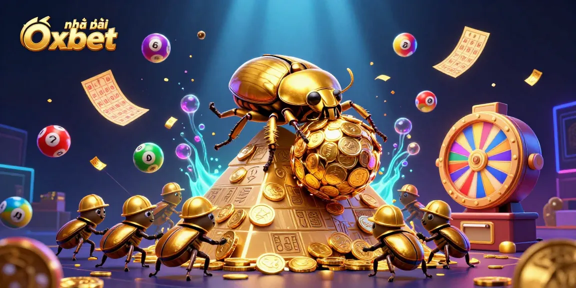 Engage with Nhà cái Oxbet's vibrant casino elements featuring a golden beetle scene.