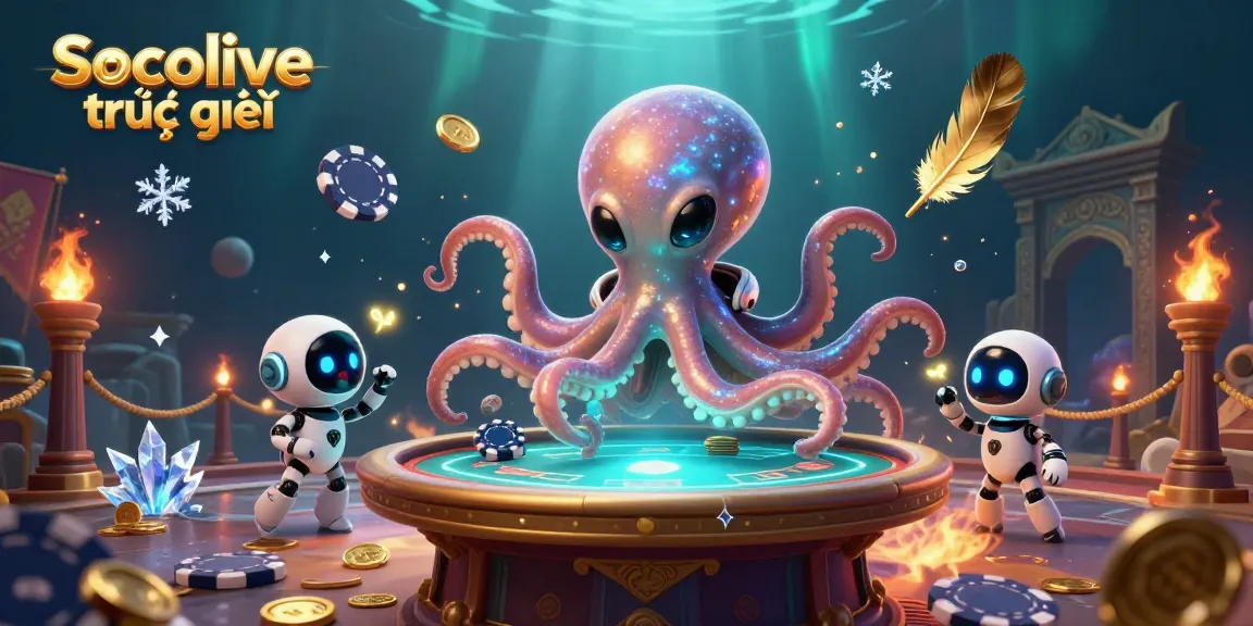 Socolive trực tiếp showcases an advanced alien octopus at a poker table surrounded by vibrant casino elements.