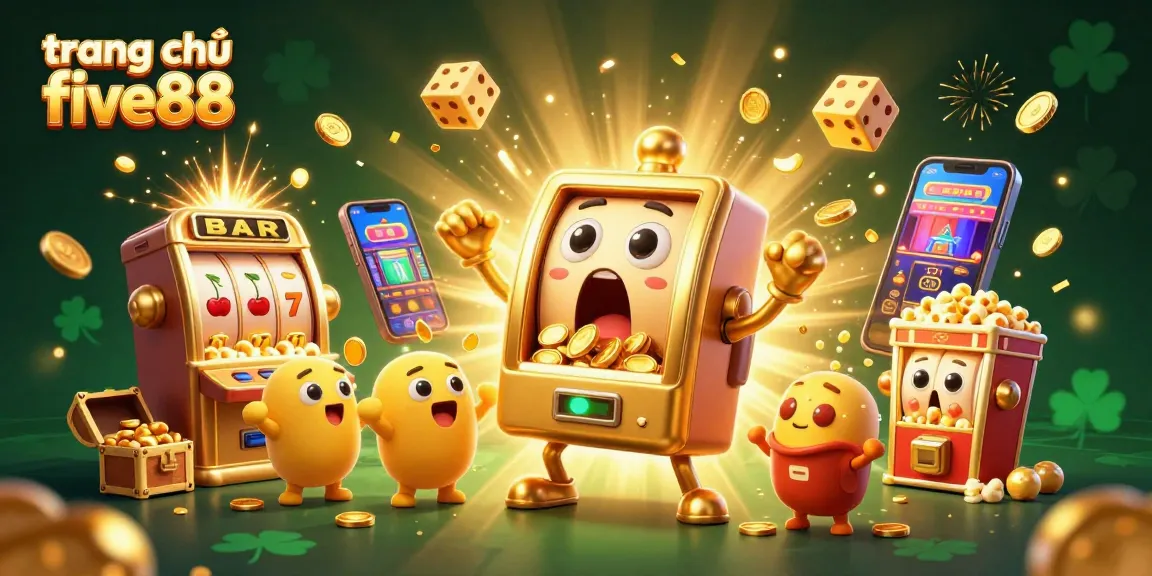 Experience big wins at trang chủ five88 with a vibrant scene of cheerful slot machines and jackpot celebrations.