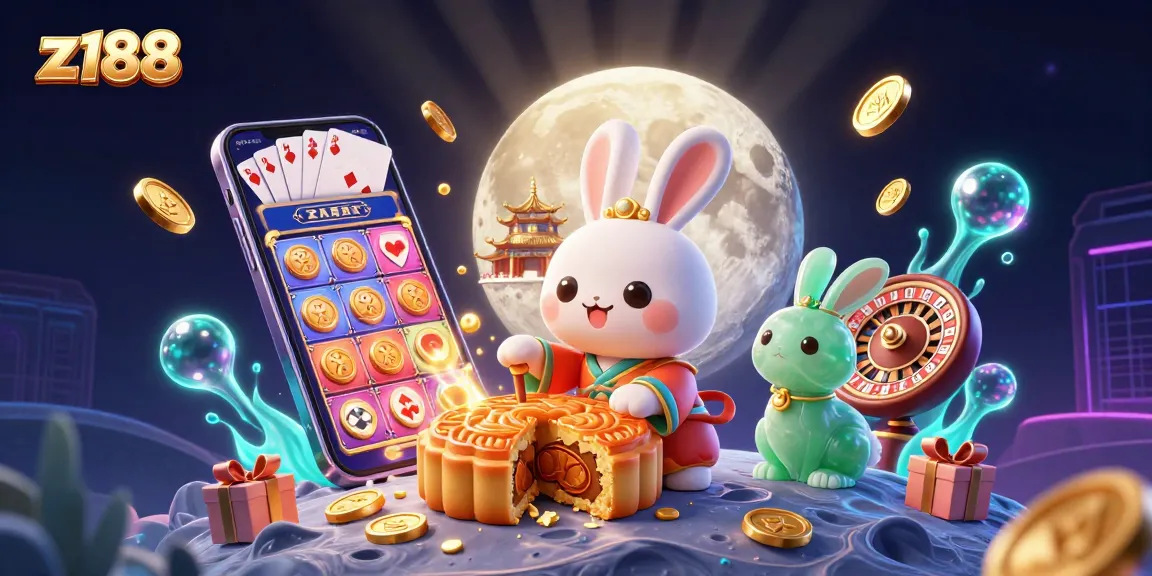 Experience thrilling fun with z188's captivating casino scene featuring a moon rabbit and slot games.