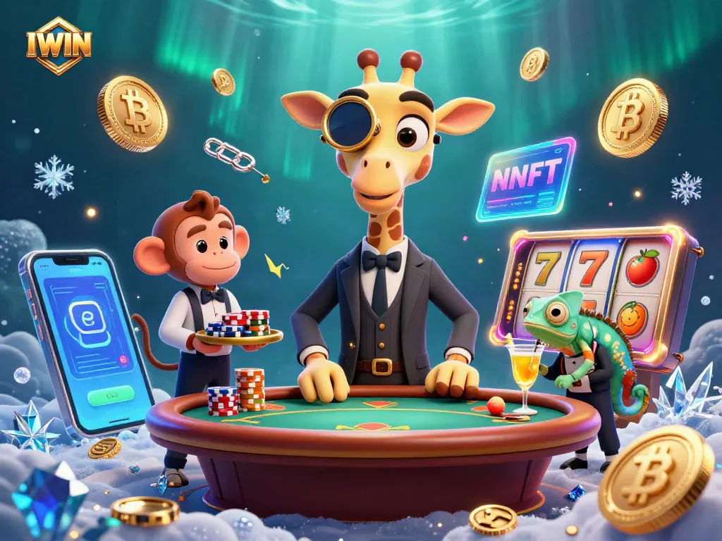 IWIN players enjoying vibrant slot games with a high-roller giraffe, monkey valet, and chameleon bartender
