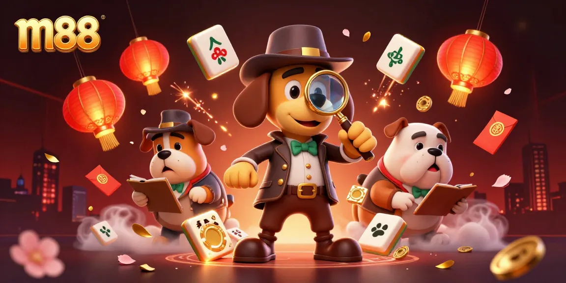 m88 enhances excitement with a 3D detective scene revealing a golden poker chip clue amidst casino elements.