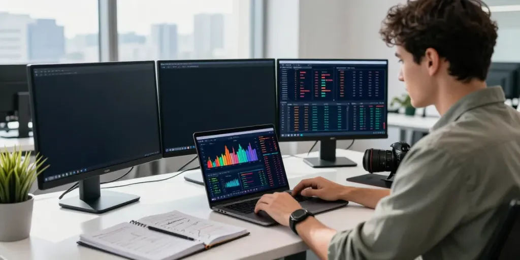 Trader using quantum ai in a modern workspace, analyzing cryptocurrency data with multiple screens.