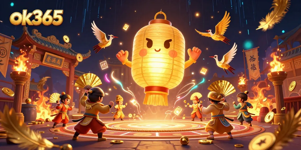 Experience thrilling gameplay at ok365 with vibrant 3D visuals of a lantern spirit and golden warriors.