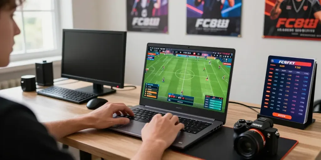 Engaging online betting scene at https://fc88v1.com/ with a player focused on their laptop, enhancing their sports gaming experience.