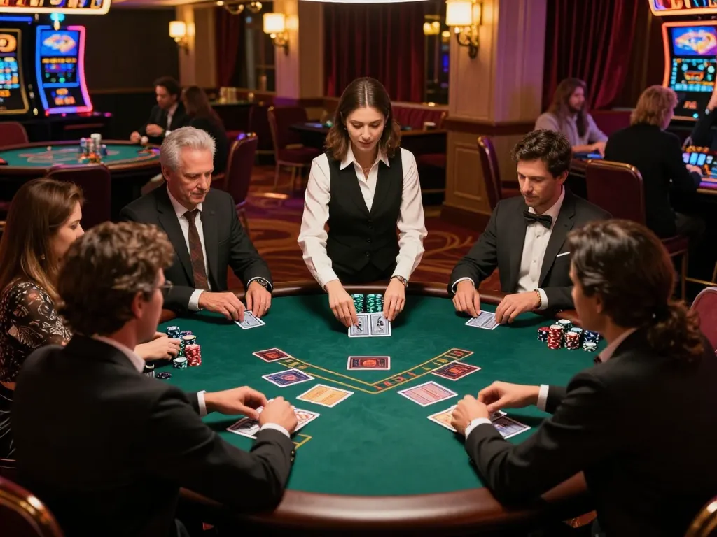 Lu 88 players strategizing at an exciting blackjack table in a vibrant casino atmosphere