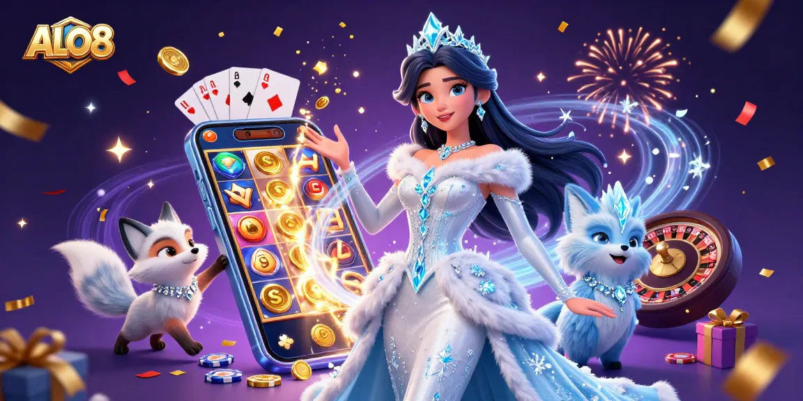 Win big with ALO8 casino games featuring vibrant slot reels and a stunning ice queen.