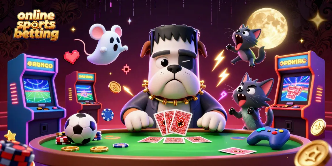 Engage in online sports betting with a lively scene featuring a cartoon Frankenstein bulldog, ghost mouse, and werewolf kitten.